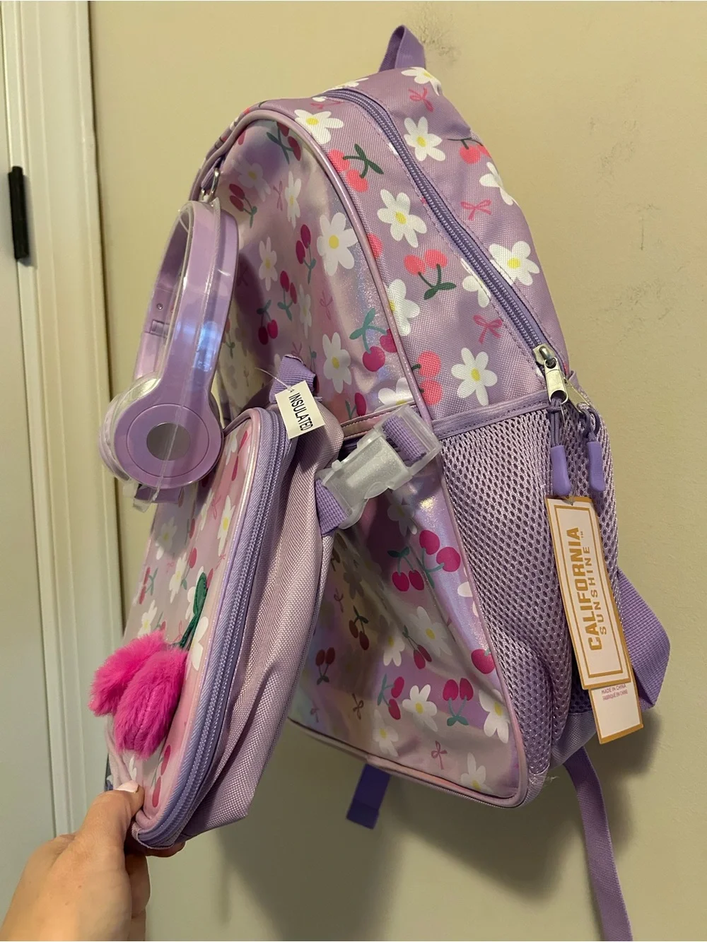 Kids Purple Floral Cherry Backpack, Lunchbox, and Headphones